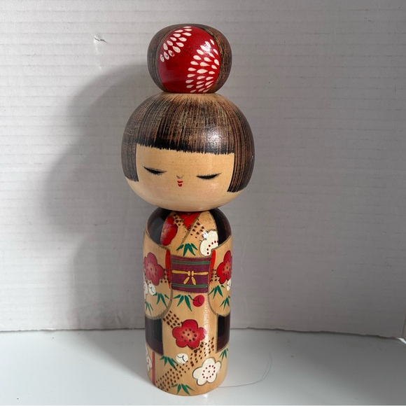 Vintage hand painted wooden Japanese Kokeshi doll - Camellia & Plum 9” tall - Picture 1 of 5